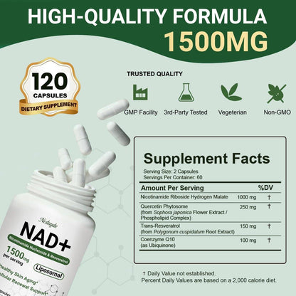 Ncduyde NAD+ Supplement, Liposomales NAD Nicotinamid-Ribosid Resveratrol 1500 mg - Anti-Aging & Gehirngesundheit, Energie steigern - Speziell für Frauen und Männer, 120 Kapseln