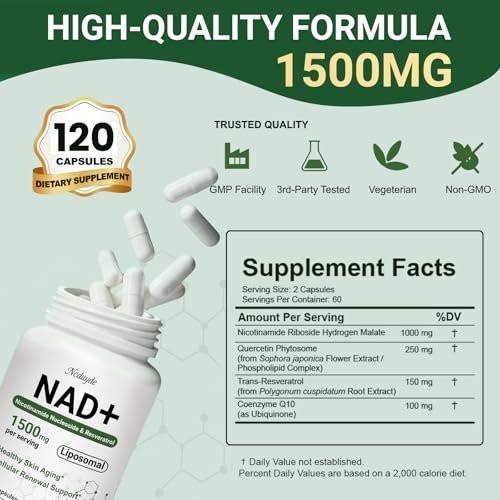 Ncduyde NAD+ Supplement, Liposomales NAD Nicotinamid-Ribosid Resveratrol 1500 mg - Anti-Aging & Gehirngesundheit, Energie steigern - Speziell für Frauen und Männer, 120 Kapseln