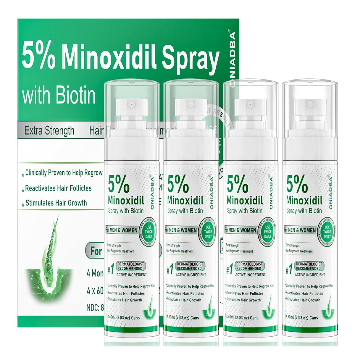 5% Minoxidil Spray für Haarwachstum, 4er-Pack (8,12 oz), für Männer & Frauen – Extra starke Haarregenerationsbehandlung mit Biotin & Rizinusöl, unterstützt volleres, dichteres Haar & Bart, nicht fettend, 4-Monats-Vorrat