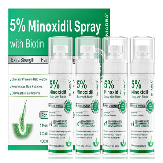 5% Minoxidil Spray für Haarwachstum, 4er-Pack (8,12 oz), für Männer & Frauen – Extra starke Haarregenerationsbehandlung mit Biotin & Rizinusöl, unterstützt volleres, dichteres Haar & Bart, nicht fettend, 4-Monats-Vorrat
