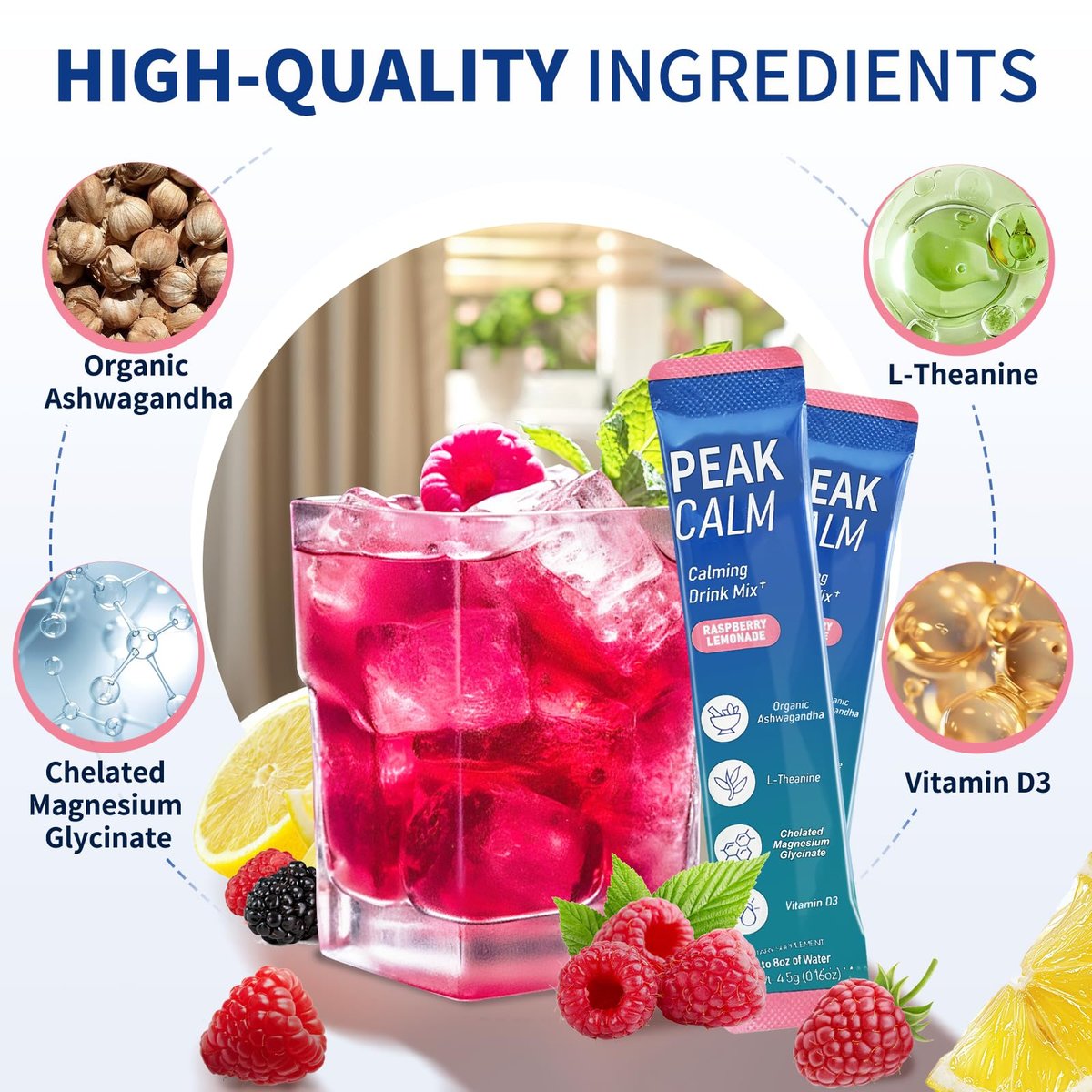 40 Portionen Super Cortisol Calm Drink mit Magnesiumglycinat, Ashwagandha, L-Theanin & Vitamin D3 | Magnesiumglycinat-Pulver für Entspannung, Fokus & Schlafunterstützung | Himbeer-Zitronen-Limonade | Ohne Zucker