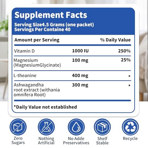 40 Portionen Super Cortisol Calm Drink mit Magnesiumglycinat, Ashwagandha, L-Theanin & Vitamin D3 | Magnesiumglycinat-Pulver für Entspannung, Fokus & Schlafunterstützung | Himbeer-Zitronen-Limonade | Ohne Zucker