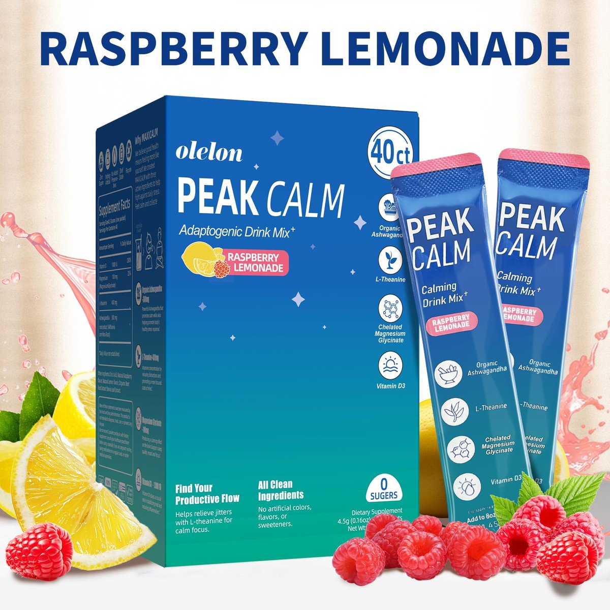 40 Portionen Super Cortisol Calm Drink mit Magnesiumglycinat, Ashwagandha, L-Theanin & Vitamin D3 | Magnesiumglycinat-Pulver für Entspannung, Fokus & Schlafunterstützung | Himbeer-Zitronen-Limonade | Ohne Zucker