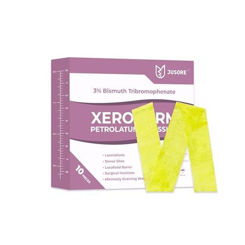 JUSORE Xeroform Petrolatum-Dressing 1" x 8" – 10 Stück nicht haftende Mullkissen, weiches Feingaze-Pflaster für Wundversorgung, Verbrennungen, Schürfwunden, Hauttransplantate und chirurgische Schnitte, 10 Einzelpackungen