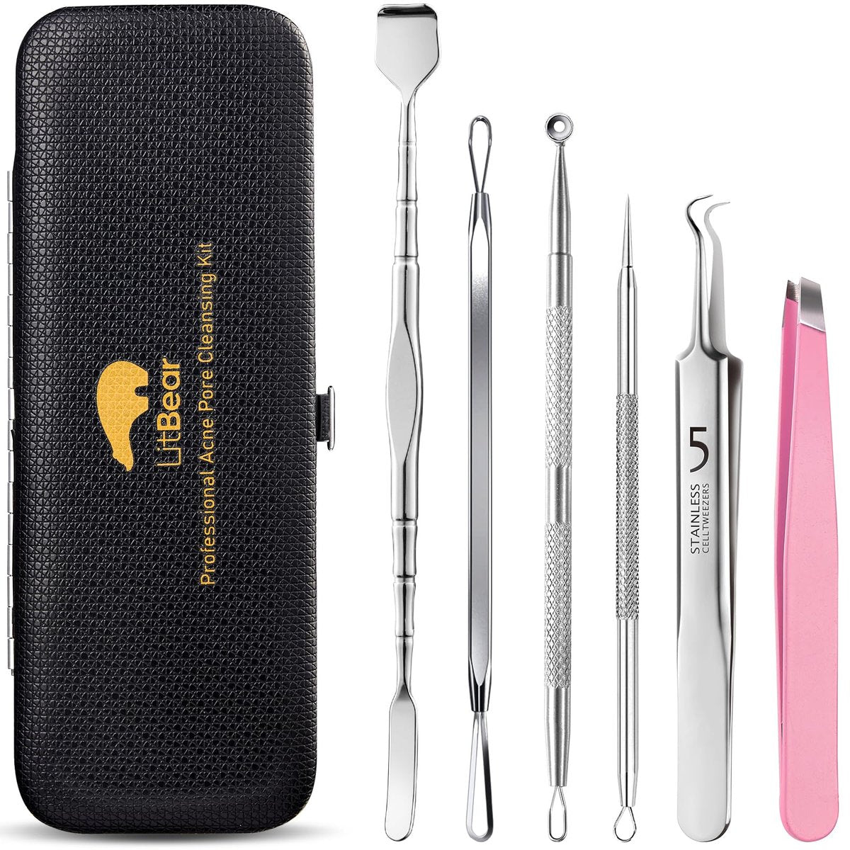 Litbear 6-teiliges Mitesser-Entferner-Set aus Edelstahl – Pickel-Popper-Werkzeug für Gesicht und Nase mit Ledertasche