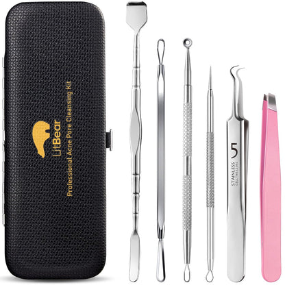Litbear 6-teiliges Mitesser-Entferner-Set aus Edelstahl – Pickel-Popper-Werkzeug für Gesicht und Nase mit Ledertasche