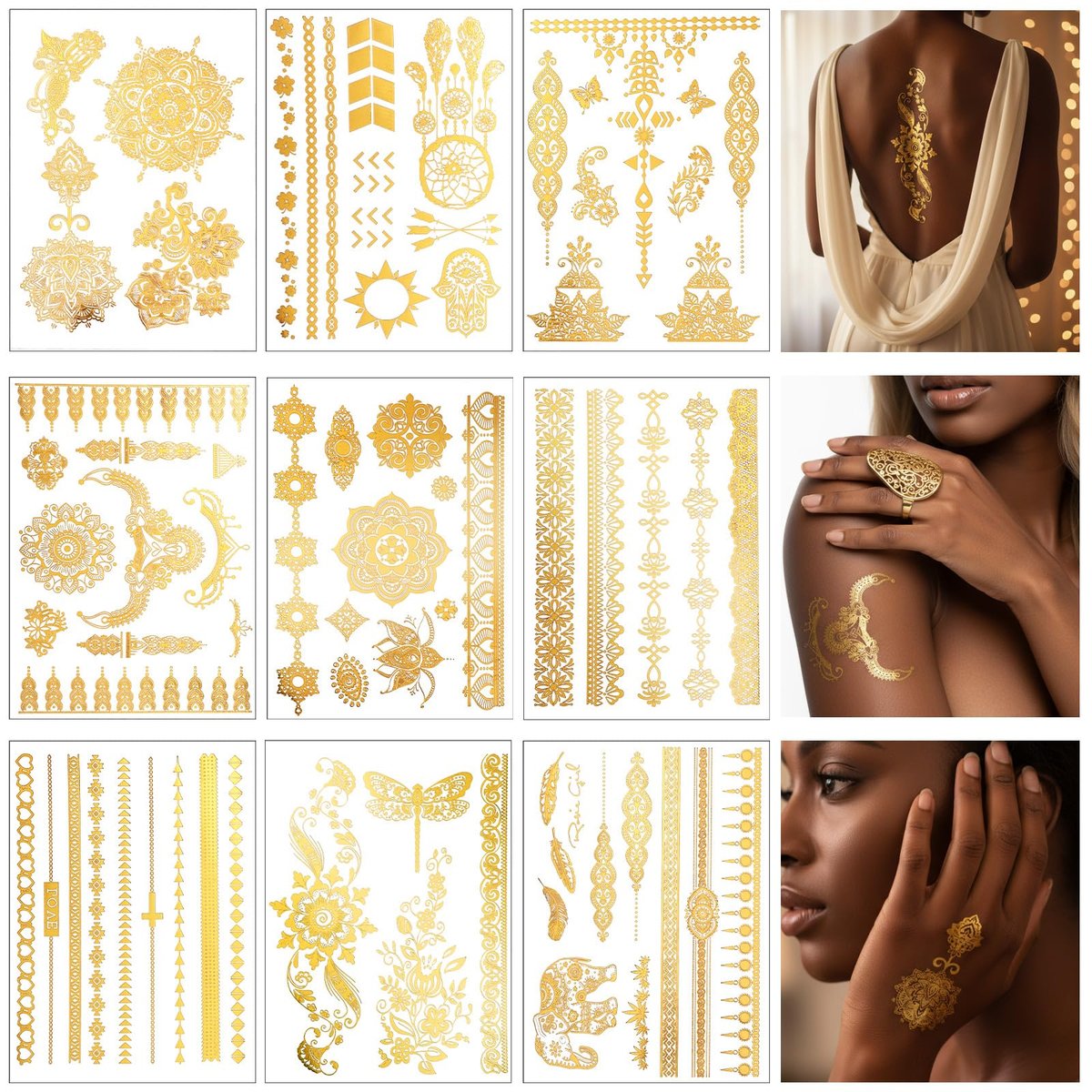 Nogeqi 9 Blatt Goldene Temporäre Tattoos für Frauen – Glitzernde Aufkleber mit Sonne, Mond und Sternen für Partys & Festivals