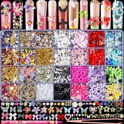8000-teilige 3D-Nagelverzierungen und Nagelsteine, süße Nagelrhinsteine und Charms Y2K für Nageldesign, Sortiment mit Schmetterling, Bogen, Mond, Stern, Blume, Junk-Case-Charms, goldene Perlen, Nagelschmuck für Nagelkunst-Dekorationen