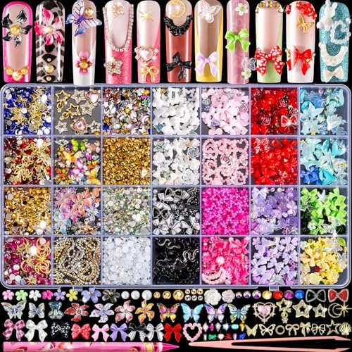 8000-teilige 3D-Nagelverzierungen und Nagelsteine, süße Nagelrhinsteine und Charms Y2K für Nageldesign, Sortiment mit Schmetterling, Bogen, Mond, Stern, Blume, Junk-Case-Charms, goldene Perlen, Nagelschmuck für Nagelkunst-Dekorationen