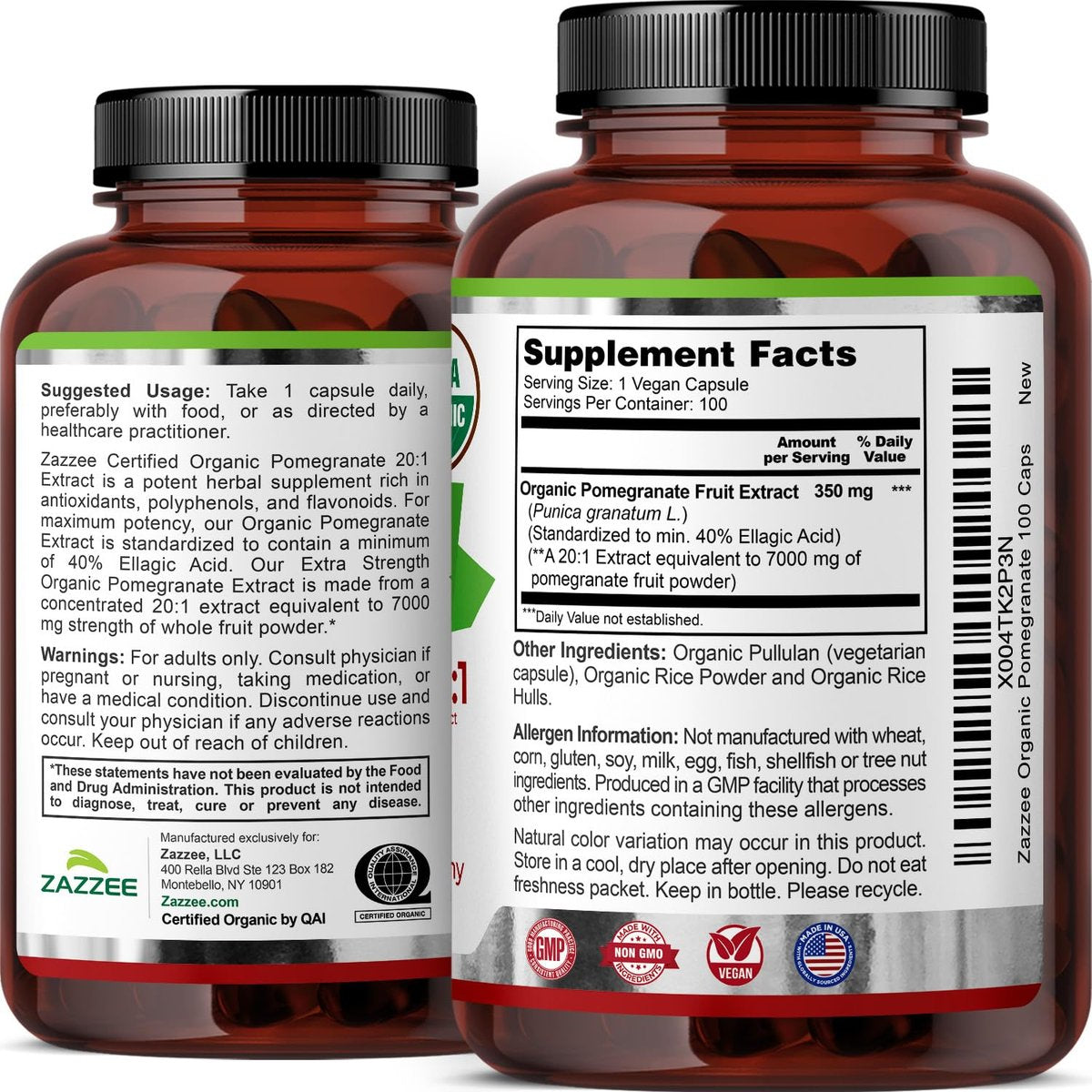 Zazzee Bio Granatapfel 20:1 Extrakt, 40% Ellagsäure, 100 vegane Kapseln, 3+ Monate Vorrat, Punica Granatum, Antioxidans, Immun- und Polyphenol-Unterstützung, natürlich, Non-GMO, hergestellt in den USA