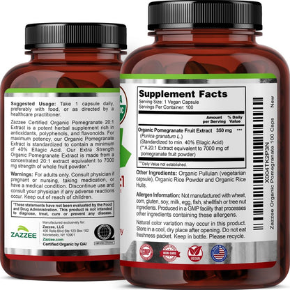 Zazzee Bio Granatapfel 20:1 Extrakt, 40% Ellagsäure, 100 vegane Kapseln, 3+ Monate Vorrat, Punica Granatum, Antioxidans, Immun- und Polyphenol-Unterstützung, natürlich, Non-GMO, hergestellt in den USA