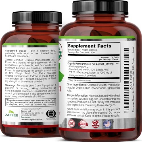 Zazzee Bio Granatapfel 20:1 Extrakt, 40% Ellagsäure, 100 vegane Kapseln, 3+ Monate Vorrat, Punica Granatum, Antioxidans, Immun- und Polyphenol-Unterstützung, natürlich, Non-GMO, hergestellt in den USA