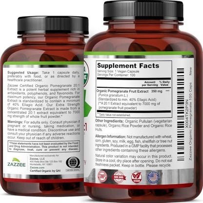 Zazzee Bio Granatapfel 20:1 Extrakt, 40% Ellagsäure, 100 vegane Kapseln, 3+ Monate Vorrat, Punica Granatum, Antioxidans, Immun- und Polyphenol-Unterstützung, natürlich, Non-GMO, hergestellt in den USA