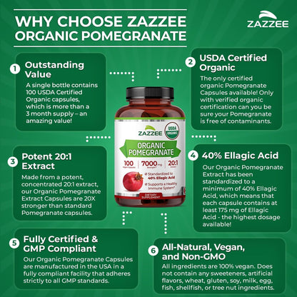 Zazzee Bio Granatapfel 20:1 Extrakt, 40% Ellagsäure, 100 vegane Kapseln, 3+ Monate Vorrat, Punica Granatum, Antioxidans, Immun- und Polyphenol-Unterstützung, natürlich, Non-GMO, hergestellt in den USA