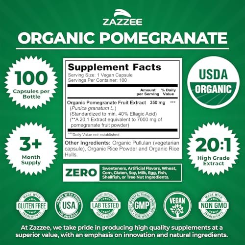 Zazzee Bio Granatapfel 20:1 Extrakt, 40% Ellagsäure, 100 vegane Kapseln, 3+ Monate Vorrat, Punica Granatum, Antioxidans, Immun- und Polyphenol-Unterstützung, natürlich, Non-GMO, hergestellt in den USA