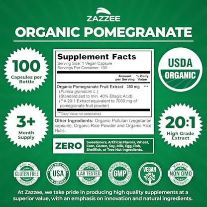 Zazzee Bio Granatapfel 20:1 Extrakt, 40% Ellagsäure, 100 vegane Kapseln, 3+ Monate Vorrat, Punica Granatum, Antioxidans, Immun- und Polyphenol-Unterstützung, natürlich, Non-GMO, hergestellt in den USA