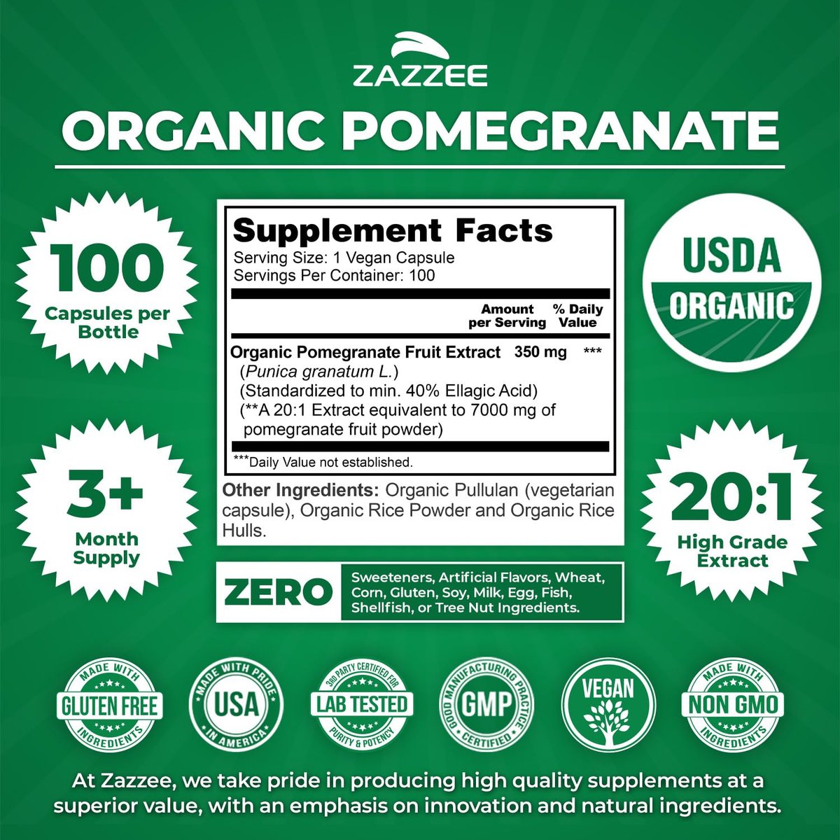 Zazzee Bio Granatapfel 20:1 Extrakt, 40% Ellagsäure, 100 vegane Kapseln, 3+ Monate Vorrat, Punica Granatum, Antioxidans, Immun- und Polyphenol-Unterstützung, natürlich, Non-GMO, hergestellt in den USA