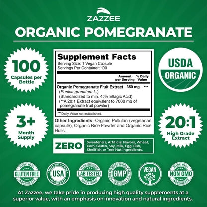 Zazzee Bio Granatapfel 20:1 Extrakt, 40% Ellagsäure, 100 vegane Kapseln, 3+ Monate Vorrat, Punica Granatum, Antioxidans, Immun- und Polyphenol-Unterstützung, natürlich, Non-GMO, hergestellt in den USA