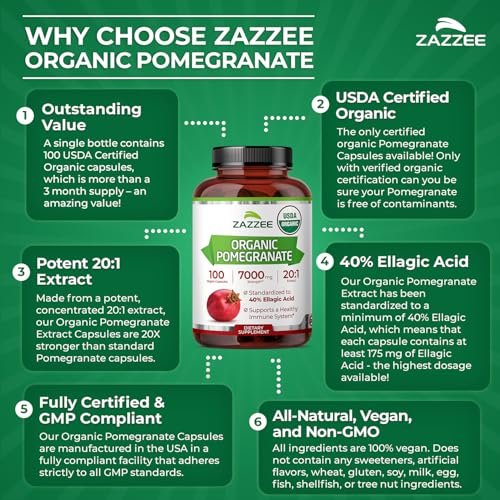 Zazzee Bio Granatapfel 20:1 Extrakt, 40% Ellagsäure, 100 vegane Kapseln, 3+ Monate Vorrat, Punica Granatum, Antioxidans, Immun- und Polyphenol-Unterstützung, natürlich, Non-GMO, hergestellt in den USA
