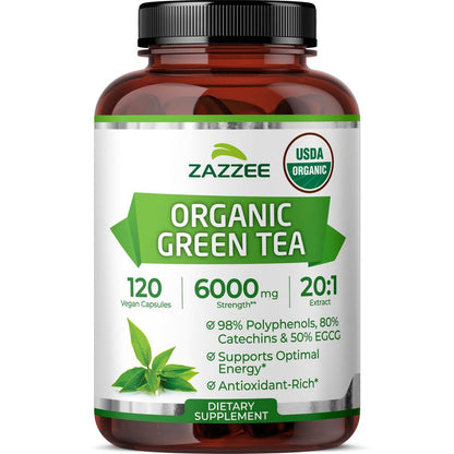 Zazzee Bio Grüner Tee 20:1 Extrakt, 50% EGCG, 98% Polyphenole, 80% Catechine, 120 vegane Kapseln, 4-Monats-Vorrat, Antioxidans, Stoffwechsel- & Energieunterstützung, Non-GMO, natürlich, hergestellt in USA