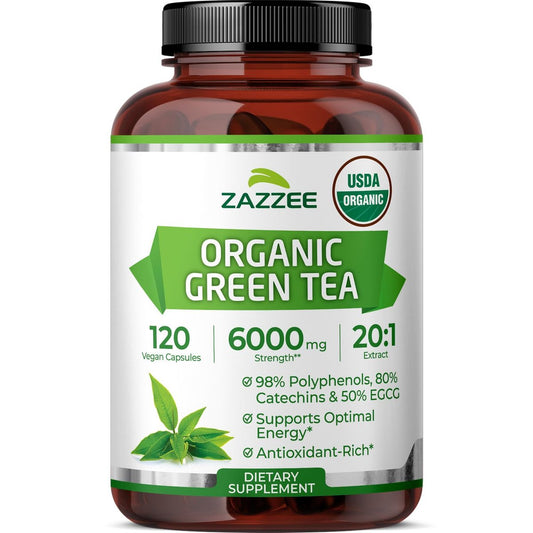 Zazzee Bio Grüner Tee 20:1 Extrakt, 50% EGCG, 98% Polyphenole, 80% Catechine, 120 vegane Kapseln, 4-Monats-Vorrat, Antioxidans, Stoffwechsel- & Energieunterstützung, Non-GMO, natürlich, hergestellt in USA