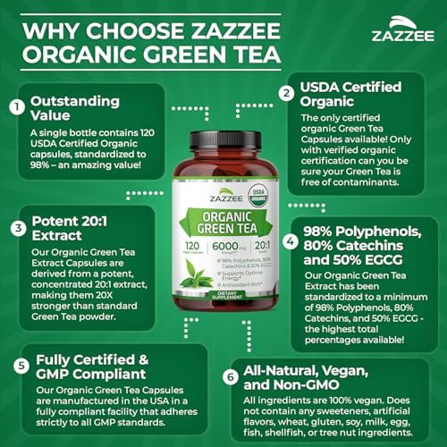 Zazzee Bio Grüner Tee 20:1 Extrakt, 50% EGCG, 98% Polyphenole, 80% Catechine, 120 vegane Kapseln, 4-Monats-Vorrat, Antioxidans, Stoffwechsel- & Energieunterstützung, Non-GMO, natürlich, hergestellt in USA