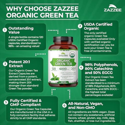 Zazzee Bio Grüner Tee 20:1 Extrakt, 50% EGCG, 98% Polyphenole, 80% Catechine, 120 vegane Kapseln, 4-Monats-Vorrat, Antioxidans, Stoffwechsel- & Energieunterstützung, Non-GMO, natürlich, hergestellt in USA