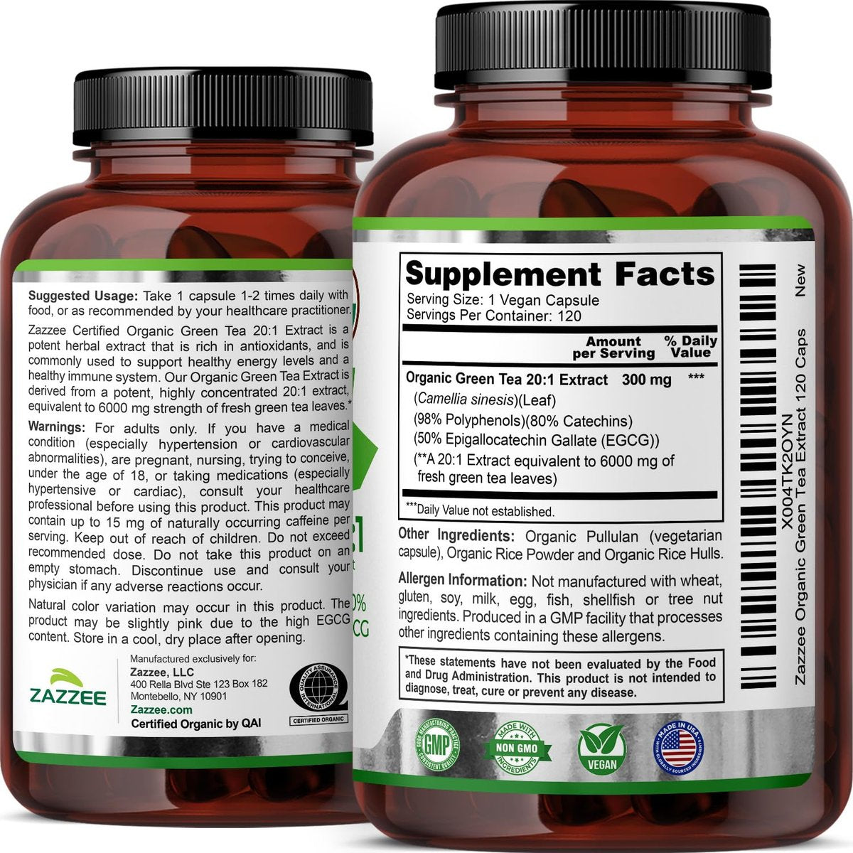 Zazzee Bio Grüner Tee 20:1 Extrakt, 50% EGCG, 98% Polyphenole, 80% Catechine, 120 vegane Kapseln, 4-Monats-Vorrat, Antioxidans, Stoffwechsel- & Energieunterstützung, Non-GMO, natürlich, hergestellt in USA