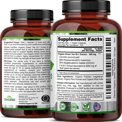 Zazzee Bio Grüner Tee 20:1 Extrakt, 50% EGCG, 98% Polyphenole, 80% Catechine, 120 vegane Kapseln, 4-Monats-Vorrat, Antioxidans, Stoffwechsel- & Energieunterstützung, Non-GMO, natürlich, hergestellt in USA