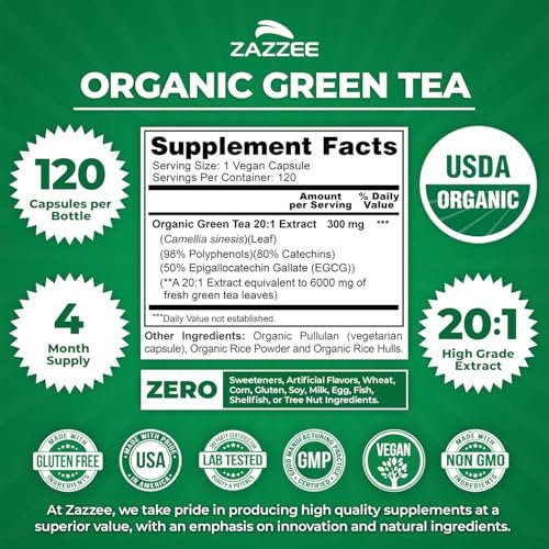 Zazzee Bio Grüner Tee 20:1 Extrakt, 50% EGCG, 98% Polyphenole, 80% Catechine, 120 vegane Kapseln, 4-Monats-Vorrat, Antioxidans, Stoffwechsel- & Energieunterstützung, Non-GMO, natürlich, hergestellt in USA