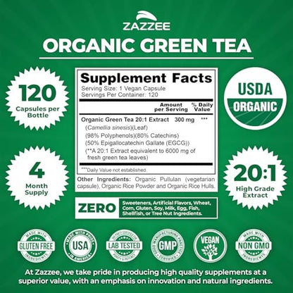 Zazzee Bio Grüner Tee 20:1 Extrakt, 50% EGCG, 98% Polyphenole, 80% Catechine, 120 vegane Kapseln, 4-Monats-Vorrat, Antioxidans, Stoffwechsel- & Energieunterstützung, Non-GMO, natürlich, hergestellt in USA