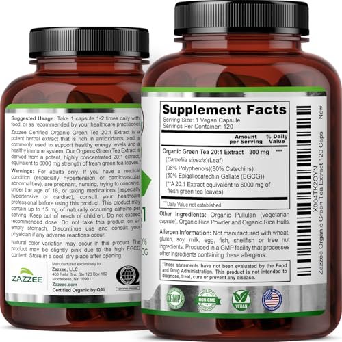 Zazzee Bio Grüner Tee 20:1 Extrakt, 50% EGCG, 98% Polyphenole, 80% Catechine, 120 vegane Kapseln, 4-Monats-Vorrat, Antioxidans, Stoffwechsel- & Energieunterstützung, Non-GMO, natürlich, hergestellt in USA