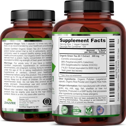 Zazzee Bio Grüner Tee 20:1 Extrakt, 50% EGCG, 98% Polyphenole, 80% Catechine, 120 vegane Kapseln, 4-Monats-Vorrat, Antioxidans, Stoffwechsel- & Energieunterstützung, Non-GMO, natürlich, hergestellt in USA