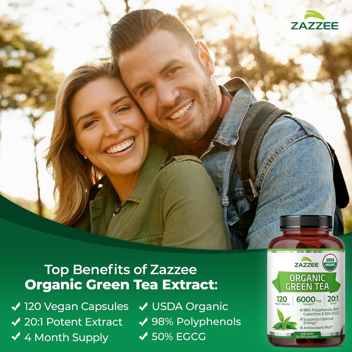 Zazzee Bio Grüner Tee 20:1 Extrakt, 50% EGCG, 98% Polyphenole, 80% Catechine, 120 vegane Kapseln, 4-Monats-Vorrat, Antioxidans, Stoffwechsel- & Energieunterstützung, Non-GMO, natürlich, hergestellt in USA