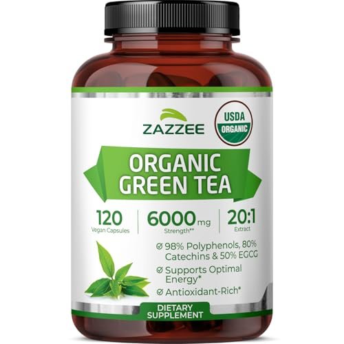 Zazzee Bio Grüner Tee 20:1 Extrakt, 50% EGCG, 98% Polyphenole, 80% Catechine, 120 vegane Kapseln, 4-Monats-Vorrat, Antioxidans, Stoffwechsel- & Energieunterstützung, Non-GMO, natürlich, hergestellt in USA