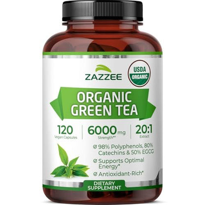 Zazzee Bio Grüner Tee 20:1 Extrakt, 50% EGCG, 98% Polyphenole, 80% Catechine, 120 vegane Kapseln, 4-Monats-Vorrat, Antioxidans, Stoffwechsel- & Energieunterstützung, Non-GMO, natürlich, hergestellt in USA