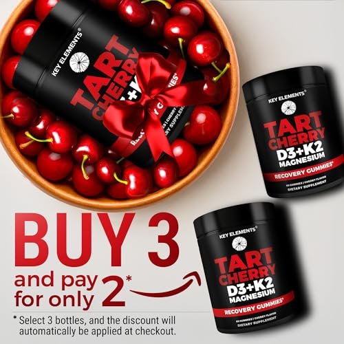 KEY ELEMENTS Recovery Tart Cherry Gummies mit Vitamin D3 K2 5000 IE & Magnesium - Vitamin D3 K2 Gummibärchen für Schlaf, Knochen & Immunsystem - Nicht-GVO, Glutenfrei, Zuckerfrei