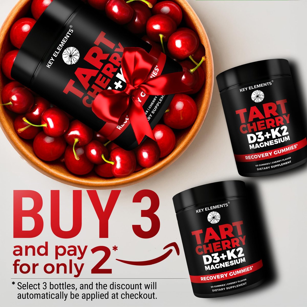 KEY ELEMENTS Recovery Tart Cherry Gummies mit Vitamin D3 K2 5000 IE & Magnesium - Vitamin D3 K2 Gummibärchen für Schlaf, Knochen & Immunsystem - Nicht-GVO, Glutenfrei, Zuckerfrei