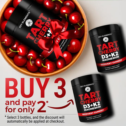 KEY ELEMENTS Recovery Tart Cherry Gummies mit Vitamin D3 K2 5000 IE & Magnesium - Vitamin D3 K2 Gummibärchen für Schlaf, Knochen & Immunsystem - Nicht-GVO, Glutenfrei, Zuckerfrei
