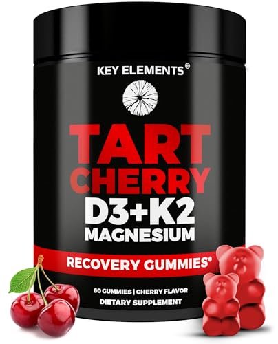 KEY ELEMENTS Recovery Tart Cherry Gummies mit Vitamin D3 K2 5000 IE & Magnesium - Vitamin D3 K2 Gummibärchen für Schlaf, Knochen & Immunsystem - Nicht-GVO, Glutenfrei, Zuckerfrei