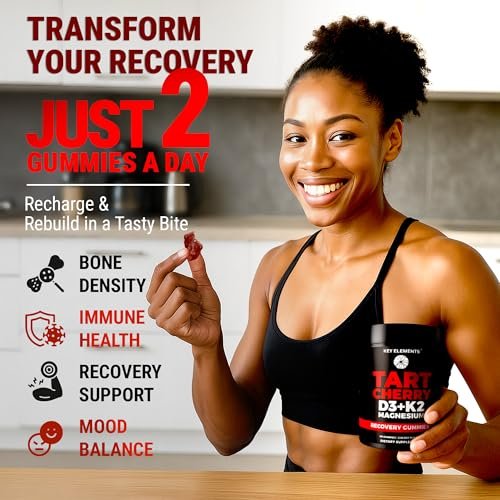 KEY ELEMENTS Recovery Tart Cherry Gummies mit Vitamin D3 K2 5000 IE & Magnesium - Vitamin D3 K2 Gummibärchen für Schlaf, Knochen & Immunsystem - Nicht-GVO, Glutenfrei, Zuckerfrei