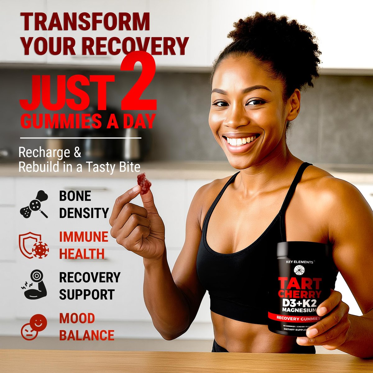 KEY ELEMENTS Recovery Tart Cherry Gummies mit Vitamin D3 K2 5000 IE & Magnesium - Vitamin D3 K2 Gummibärchen für Schlaf, Knochen & Immunsystem - Nicht-GVO, Glutenfrei, Zuckerfrei