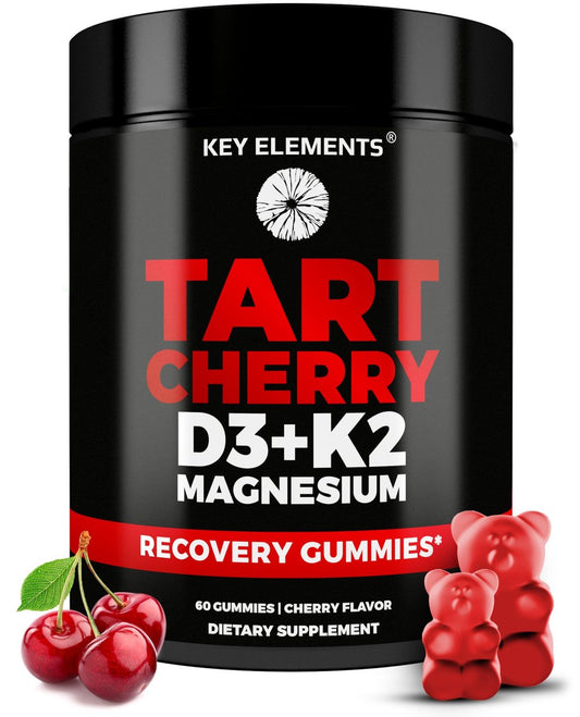 KEY ELEMENTS Recovery Tart Cherry Gummies mit Vitamin D3 K2 5000 IE & Magnesium - Vitamin D3 K2 Gummibärchen für Schlaf, Knochen & Immunsystem - Nicht-GVO, Glutenfrei, Zuckerfrei