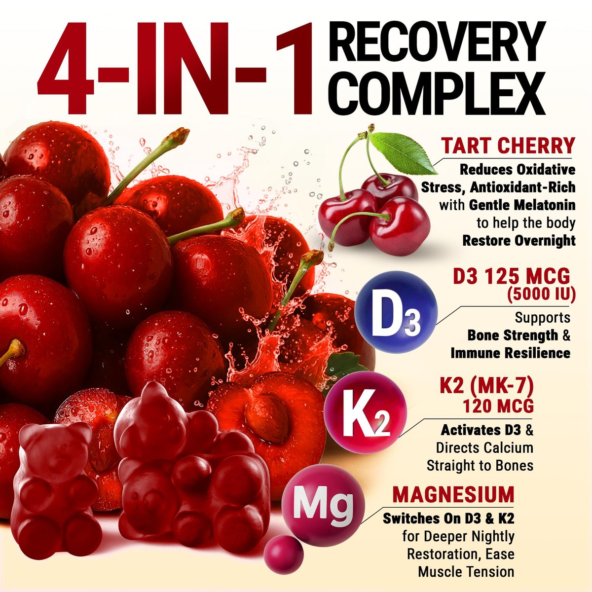 KEY ELEMENTS Recovery Tart Cherry Gummies mit Vitamin D3 K2 5000 IE & Magnesium - Vitamin D3 K2 Gummibärchen für Schlaf, Knochen & Immunsystem - Nicht-GVO, Glutenfrei, Zuckerfrei