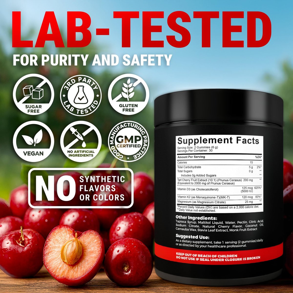 KEY ELEMENTS Recovery Tart Cherry Gummies mit Vitamin D3 K2 5000 IE & Magnesium - Vitamin D3 K2 Gummibärchen für Schlaf, Knochen & Immunsystem - Nicht-GVO, Glutenfrei, Zuckerfrei