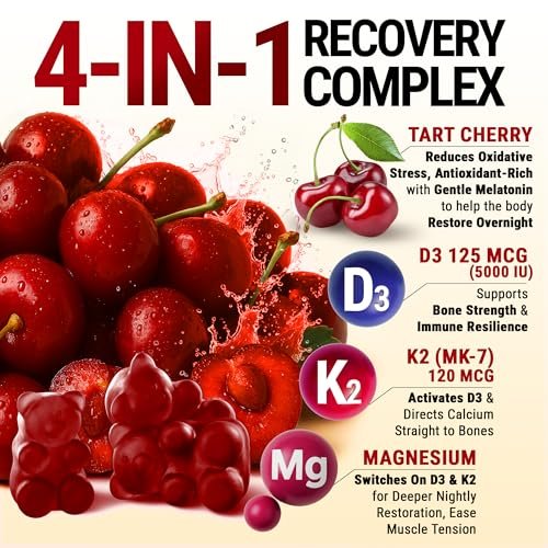 KEY ELEMENTS Recovery Tart Cherry Gummies mit Vitamin D3 K2 5000 IE & Magnesium - Vitamin D3 K2 Gummibärchen für Schlaf, Knochen & Immunsystem - Nicht-GVO, Glutenfrei, Zuckerfrei