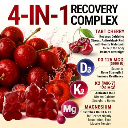 KEY ELEMENTS Recovery Tart Cherry Gummies mit Vitamin D3 K2 5000 IE & Magnesium - Vitamin D3 K2 Gummibärchen für Schlaf, Knochen & Immunsystem - Nicht-GVO, Glutenfrei, Zuckerfrei