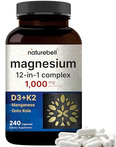 NatureBell 12-in-1 Magnesium Komplex 1000mg, 4-Monate Vorrat – Magnesiumglycinat, Citrat, Taurat, Malat & mehr – Hochabsorbierend für Männer & Frauen – Chelatiert & Gereinigt – 240 Kapseln