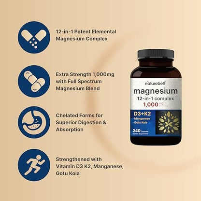 NatureBell 12-in-1 Magnesium Komplex 1000mg, 4-Monate Vorrat – Magnesiumglycinat, Citrat, Taurat, Malat & mehr – Hochabsorbierend für Männer & Frauen – Chelatiert & Gereinigt – 240 Kapseln