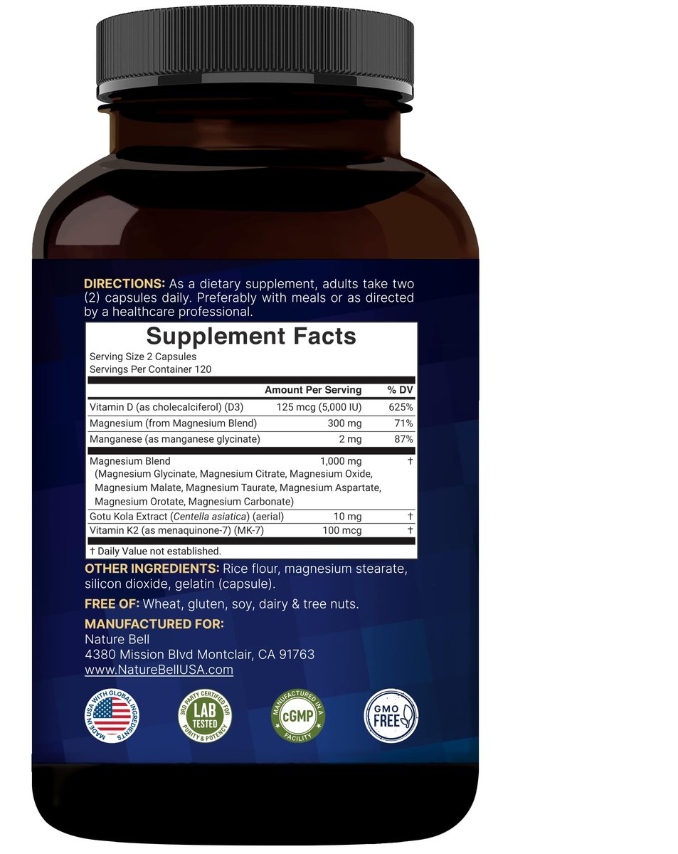 NatureBell 12-in-1 Magnesium Komplex 1000mg, 4-Monate Vorrat – Magnesiumglycinat, Citrat, Taurat, Malat & mehr – Hochabsorbierend für Männer & Frauen – Chelatiert & Gereinigt – 240 Kapseln